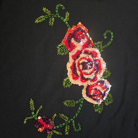 Y2K Black Beaded Sequin Sweater Size XL Floral Rose Design Whimsigoth - Picture 2 of 7